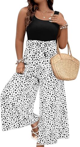 SOLY HUX Women's Plus Size Print Belted Jumpsuits Casual Summer Sleeveless Square Neck Wide Leg Tank Romper Long Pants in Saudi Arabia