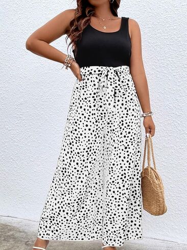 SOLY HUX Women's Plus Size Print Belted Jumpsuits Casual Summer Sleeveless Square Neck Wide Leg Tank Romper Long Pants in Saudi Arabia