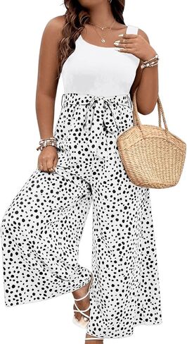 SOLY HUX Women's Plus Size Print Belted Jumpsuits Casual Summer Sleeveless Square Neck Wide Leg Tank Romper Long Pants in Saudi Arabia