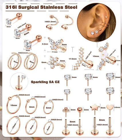 MILACOLATO Hypoallergenic Cartilage Earrings Stud Hoop for Women 16-20G Surgical Steel Tragus Earrings Push in Nose Studs Threadless Flat Back Earrings Lip Labret Daith Conch Helix Piercing Jewelry in Saudi Arabia