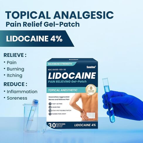 Sumifun 4% Lidocaine Patches Maximum Strength - 30 Count Pain Relief Patches for Back, Shoulder, Elbow, Knee, Muscle & Joint - FSA or HSA Store Eligible Items - Topical Analgesic Unscented in Kuwait