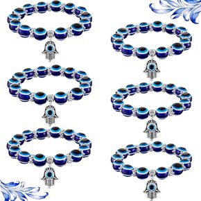 Yaomiao 6 Pieces Evil Eye Bracelet Hamsa Beaded Charm Stretch Bracelet Hand of Fatima Turkish Lucky Evil Eye Bracelet for Protection and Blessing