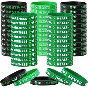 Wehhbtye 60pcs التوعية بالصحة العقلية أساور السيليكون ، معصم الشريط الأخضر التحفيزي مع 5 أنماط ، سوار التوعية بالأمل الأخضر للرجال لوازم الأحداث الخيرية للرجال