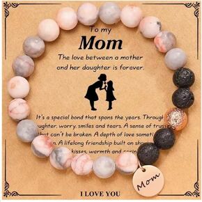 Mom Gifts from Daughters Pink Zebra Stone and Black Gold Lava Bracelet for Mothers Day Gifts
