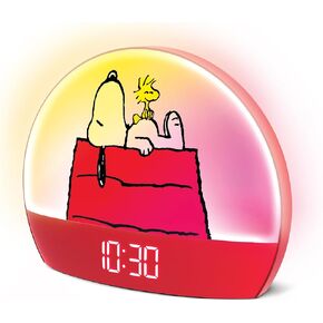 Peanuts Snoopy Sunrise Clock Clock-طبعة نابضة بالحياة مع الأضواء متعددة الألوان ، شحن USB ، عرض LED ، محاكاة الاستيقاظ اللطيفة ، وظائف الغفوة السهلة ، الأحمر
