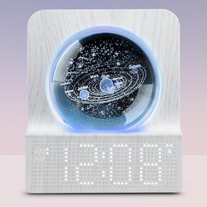 DreamSky Space Alarm Clock for Kids Teens, Small Digital Clock with RGB Night Light for Bedroom, Colorful Crystal Ball Decor for Living Room Office, Dimmer, Gifts for Boys Girls Women (Wood Grain)