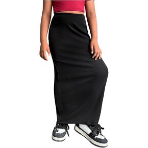 OYOANGLE Girl's Elastic High Waist Maxi Pencil Skirt Split Back Bodycon Knitted Long Skirts
