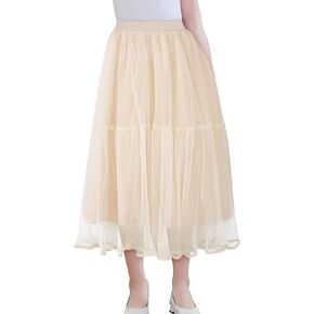 SEAUR Girls' Tulle A-line Mesh Long Tutu Skirts Casual Elastic High Waist Layered Skirt Party Princess Skirt