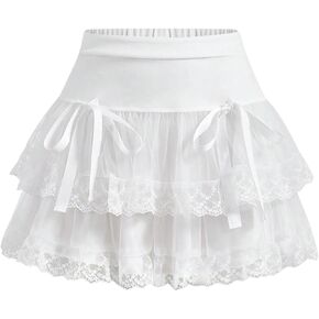 Girl's Bow Lace Skirts Y2k Elastic Waist Mini Skirts Layered Cute A Line Cake Skirt