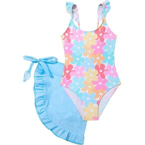 Tween Girl Leopard/Floral Print One Piece Swimsuit with Ruffle Trim & Cover Up Skirt 2 Piece Swimwear Set