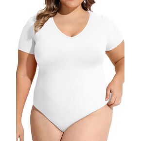 COOTRY Plus Size Short Sleeve Bodysuits for Women V Neck Body Suit Tops Basic One Piece Bodysuit T Shirt