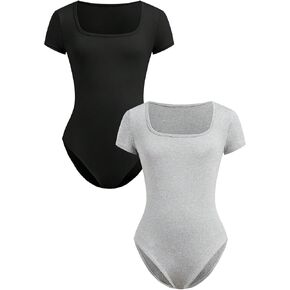Girl's 2 Packs Square Neck Bodysuit Short Sleeve Shapewear Leotard Summer Tops Basic Tees