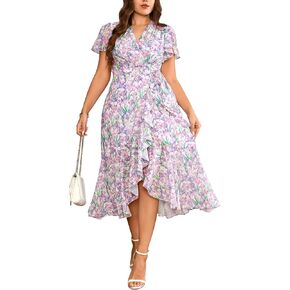 Women’s 2025 Floral Summer Dress Wrap V Neck Plus Size Boho Belted Ruffle Hem Flowy Maxi Dresses
