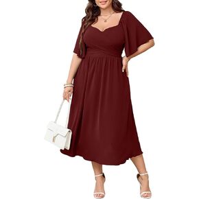 Women's Plus Size Midi Dress Sweetheart Neck Short Sleeve Wedding Guest Cocktail A Line Flowy Dress