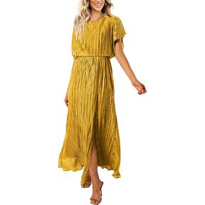 ECOWISH Summer Maxi Dress Women Cocktail Formal Wedding Guest Long Short Sleeve Pleated Dresses Empire Waist Crew Neck Slit