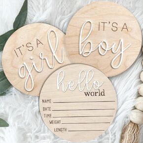 3ps لافتة خشبية It a Boy It's a Girl وعلامة Hello World - لافتة خشبية تكشف عن الجنس، إعلان صبي أو فتاة أكريليك، علامة إعلان الميلاد للمستشفى، دعامة تصوير فوتوغرافي، ديكورات تكشف عن جنس Boho