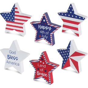 MEETYAMOR Memorial Day Decorations, 4th of July Decorations, 6Pcs Patriotic Wood Star Block Sign for Independence, Red White Blue American Fourth of July Tabletop Decor for Tiered Tray, Table, Home