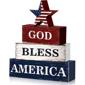 4 Pcs Farmhouse 4th of July Patriotic Table Sign Independence Day Table Wood Decorations Patriotic Themed Rustic Farmhouse Wood Block Sign for Party Home Desk (Retro Star)