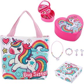 Big Sister Gifts for Girls – 6 PCS Set with Unicorn Tote Bag, Jewelry Box & Unicorn-Themed Accessories – Promoted to Big Sis Present, New Sibling Surprise for Girls Ages 3-8