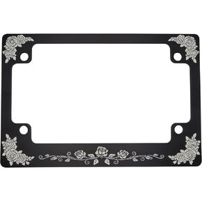Rose Elegance Motorcycle License Plate Frame – Matte Black with White Rose Flower Design for Women Riders, 4 Screws Included by Voxel Creations