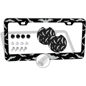 Gothic Bats License Plate Frame Metal Aluminum Artistic Personalized License Plate Cover Car Tag Holder 2 Pack Anti-Slip Shockproof Halloween Car Coasters for USA Canada Vehicles Standard