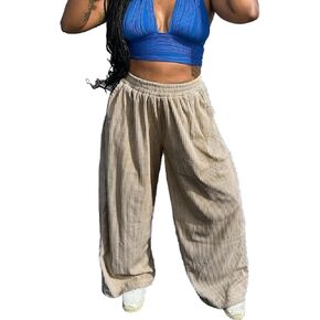 Vaceky Ribbed Wide Leg Pants Woman Elastic Waist Loose Casual Trousers