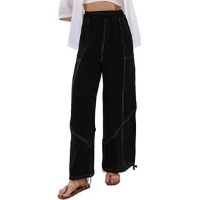 Amazhiyu Women's Cotton Gauze Cargo Joggers Summer Casual Drawstring Flowy Pants Black, Large
