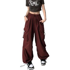 Women's Baggy Cargo Pants Parachute Pants High Waisted Relax Fit Y2K Street Drawstring Pants with Pockets