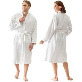 FluffCo Luxury Hotel Waffle Robe | Cotton Waffle Robes for Women & Men | Features Side Pockets & Waist-Tie Belt, White