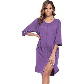 COLORFULLEAF Women's 100% Cotton Robe Lightweight 3/4 Sleeve Zip Front Robes Soft Knee Length Bathrobe Housecoat