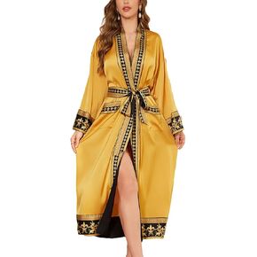 Silk Satin Robe for Women Long Kimono Robe Lightweight Summer Trim Bathrobe Luxury House Robes with Pockets