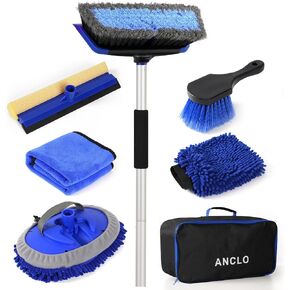 62'' Car Wash Brush with Long Handle, Scratch-Free Car Wash Mop Kit with Wheel Tire Brush, Wash Mitt Towel, Windshield Squeegee, Car Cleaning Brush Kit for Cars RV Truck Boat
