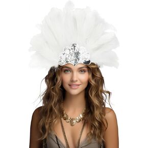 Feather Headdress Crown with Plumes, Silver Sequined Tiara Design, Showgirl Carnival Costume Headpiece