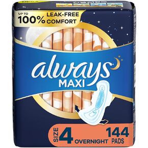 Always Maxi Feminine Pads For Women, Size 4 Overnight Absorbency, With Wings, Unscented, 26 Count