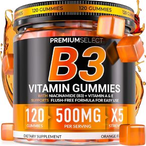 Vitamin B3 Gummies Niacinamide 500mg - 120 Gummies Supplement For Adults + Vitamins A & E – Flush Free Niacin 500mg for Skin, Energy & Metabolism – Vegan, Non-GMO, Sugar Free – 2-Month Supply