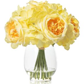 WELL KNOWN Artificial Hydrangea Arrangement with Yellow Roses, Real Touch Fake Flowers in Vase with Fake Water, Faux Hydrangea Yellow Flower Arrangements for Dining Table Centerpiece Home Decor
