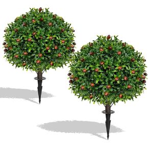 Artificial Olive Boxwood Topiary Ball Trees,2 Set of 16'' UV Resistant Fake Evergreen Shrubs Bushes Plants with Ground Spike, Fake Plants for Outdoor Indoor Front Porch Garden