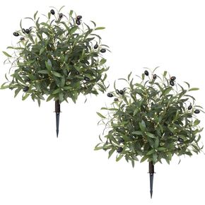 Artificial Topiary Ball Olive Tree Outdoor Plants with Spike, 2 Pack Faux Olive Topiary Ball Bushes UV Resistant Fake Shrubs for Front Porch Décor