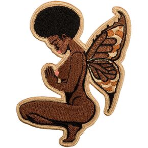 EMBROVERSE Black Fairy Patch - Naked Black Woman Praying - Butterfly Wings - Melanin Queen - Embroidered Iron On - Size: 2.7 x 3.9 inches