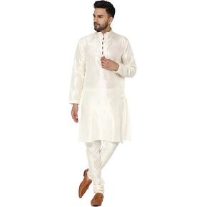 SKAVIJ Men's Art Silk Thread Work Kurta Pajama Set Woven Design Embroidered Festive Ethnic Dress
