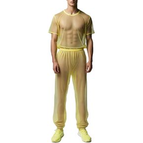 YINYOUYU Mens See Through Pajamas Set Sexy Mesh Sheer Muscle T Shirt Lounge Pants Underwear Sleepwear Clubwear