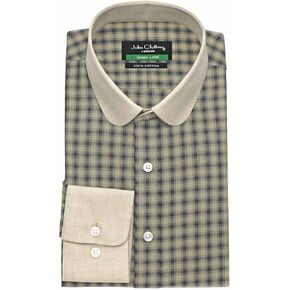 Brown Black Mens Penny Collar Shirt Shelby Olive Checks Vintage Plaid 100% Cotton Fawn Edwardian Club Round Baby Collar Peaky