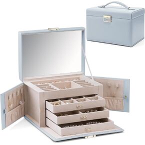 Vlando Jewelry Box for Mothers Day Teacher Appreciation Gifts, 4-Tier Jewelry Organizer with Lock, Mirror Jewelry Box for Earring, Ring, Necklace and Bracelets, Jewelry Storage for Women Girls - Beige