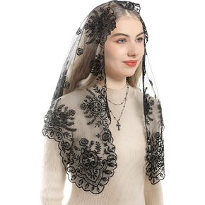 Bozidol Veil for Women Catholic Church: Triangle Mantilla Cross & Rose Veils Mass, Embroidered Lace Christian Head Covering