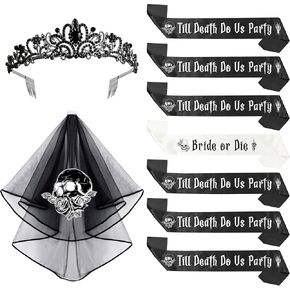 Eplaza Black Bride Sash Veil Skull Crown Bride أو Die Bachelorette Party Association for Bridal Shower Gothic Party
