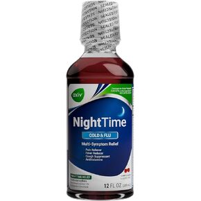 AXIV NIGHTING COLD و FLULED CILLED DEGINE ، صيغة ليلية ، والراحة متعددة الأعراض ، ومسكنات الألم ، ومخفض الحمى ، وقمع السعال ، ونكهة الكرز ، 12 FL. أوز.