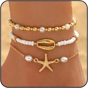 Ankle Bracelets for Women Waterproof Beach Jewelry for Women Elastic Beaded Anklets Boho Seashell Pearl Starfish Anklets for Women Foot Jewelry