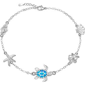 أساور كاحل السلاحف البحرية للنساء الأزرق سلحفاة Opal Anklet Silver Silver Beach Starfish Octopus Conch Ocean Anklets Jewelry Mothers Day Summer