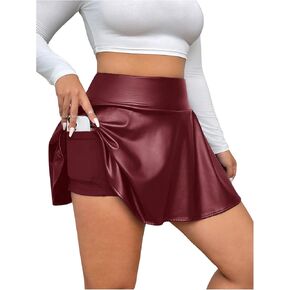 OYOANGLE Women's Plus Size PU Leather Ruffle Short Skirts High Waist Pleated Skater Skirt with Built in Shorts in Saudi Arabia