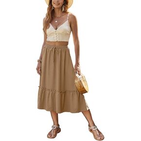 Bluetime Women Flowy Midi Skirt Summer Beach Pleated Elastic High Waisted A Line Tiered Skirt